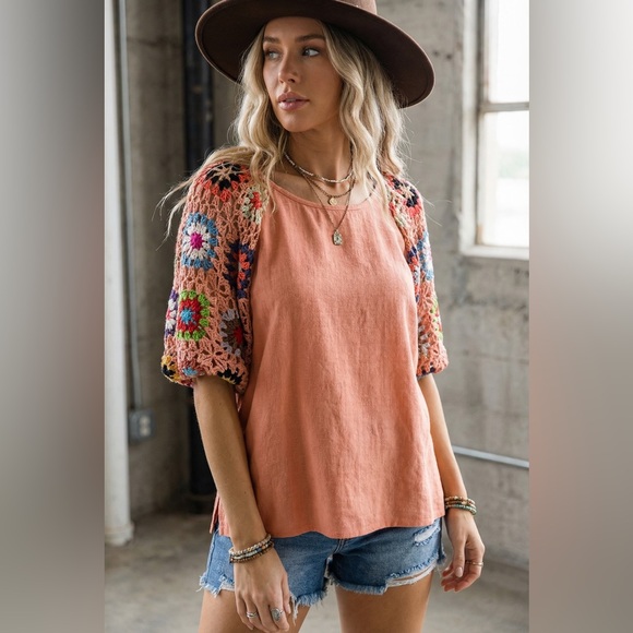 NWT UMGEE Boho Festival Hippie Granny Crochet Tile Linen Cotton Blend Top Shirt - Picture 6 of 8